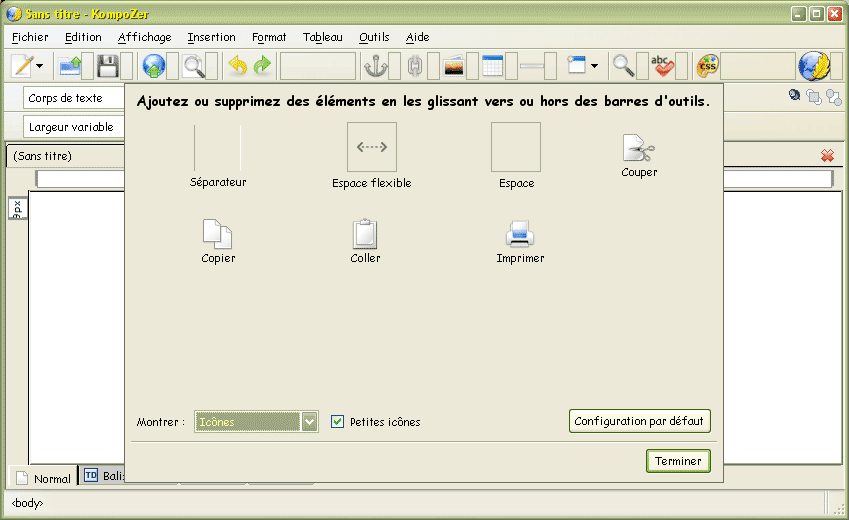 modification de la barre d'outils : fin